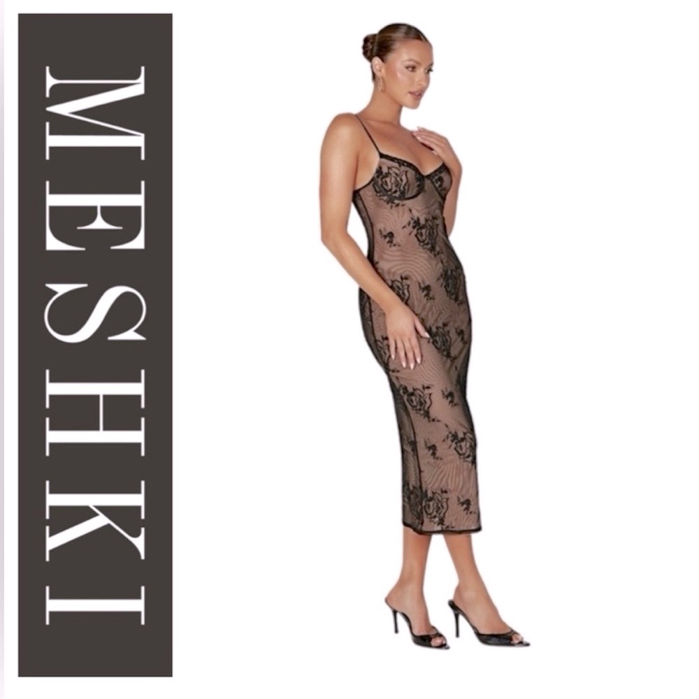 Venice Embroidered Mesh Midi Dress - Black